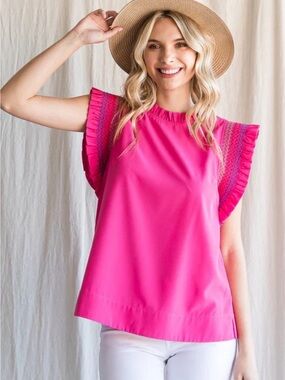 Trendy Hot Pink Ruffle Sleeve Crewneck Blouse